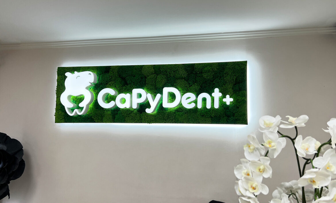 Световой логотип для стоматолога с мохом фото